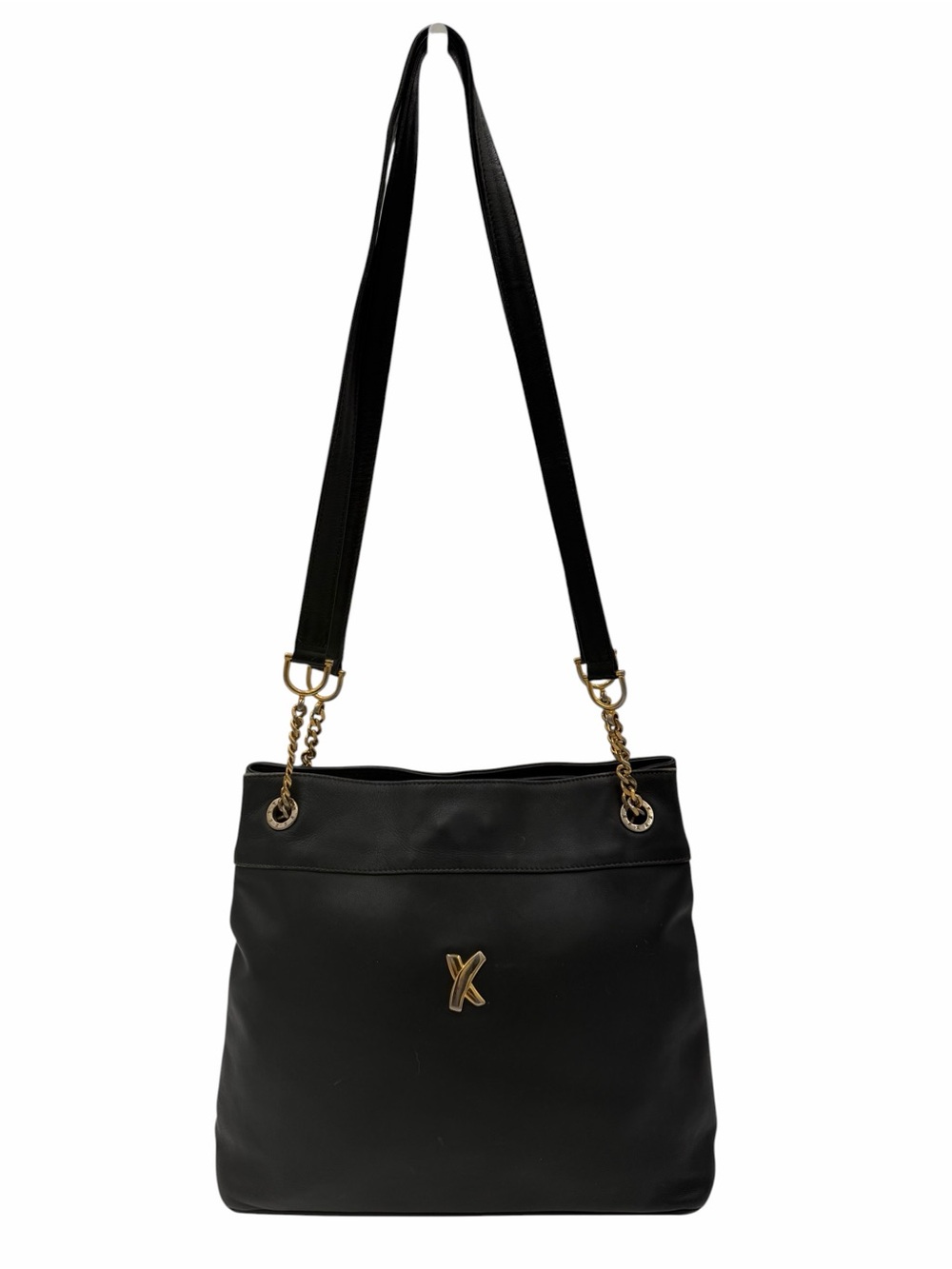 Vintage Paloma Picasso Black Leather Shoulder Bag Gold X Logo Made in Italy